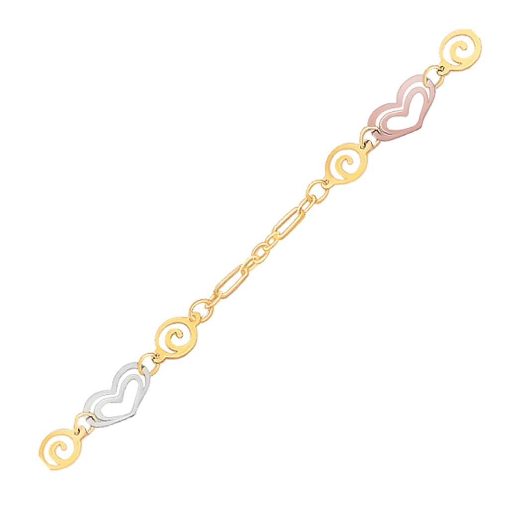 14k Tri-Color Gold Anklet with Multi Color Heart Stations — view 2