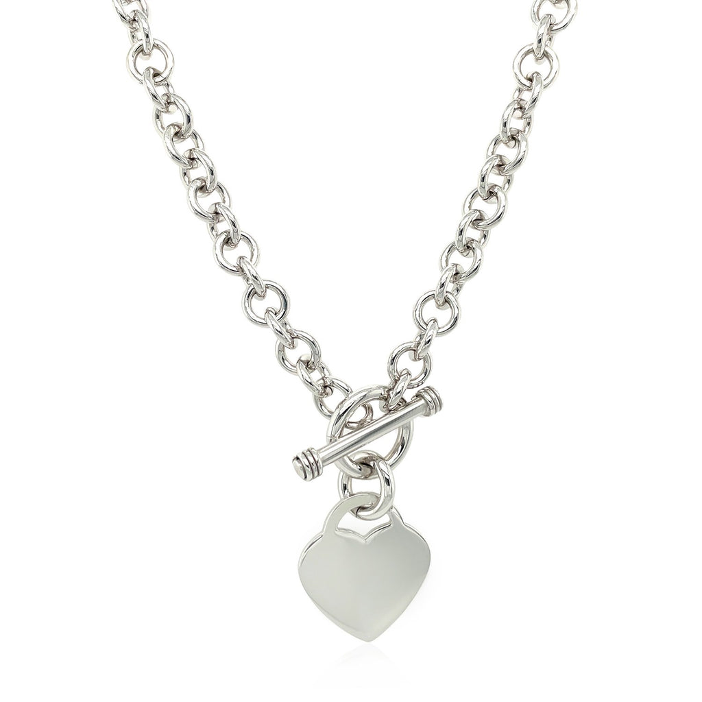 Sterling Silver Rhodium Plated Rolo Chain Necklace with a Heart Toggle Charm — view 2