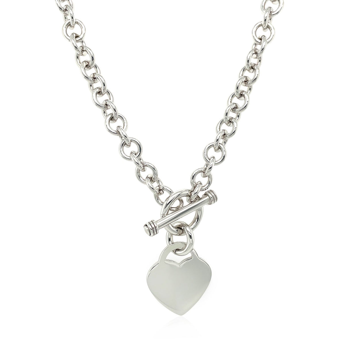 Sterling Silver Rhodium Plated Rolo Chain Necklace with a Heart Toggle Charm — view 2