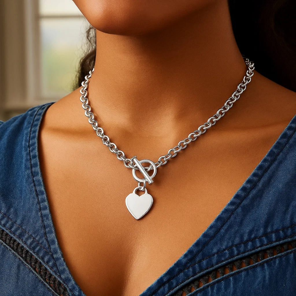 Sterling Silver Rhodium Plated Rolo Chain Necklace with a Heart Toggle Charm — view 4