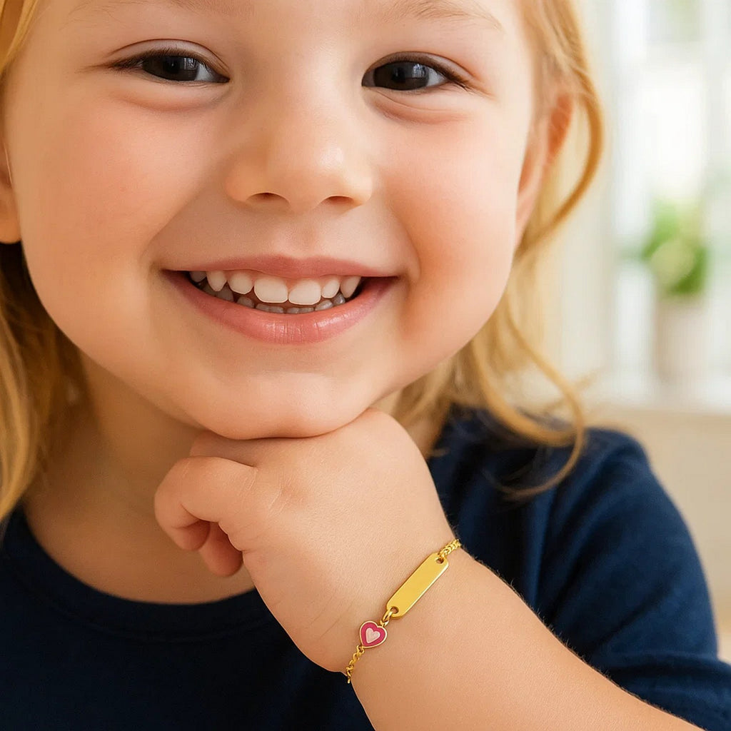 14k Yellow Gold 5 1/2 inch Childrens ID Bracelet with Enameled Heart (1.00 mm) — view 3