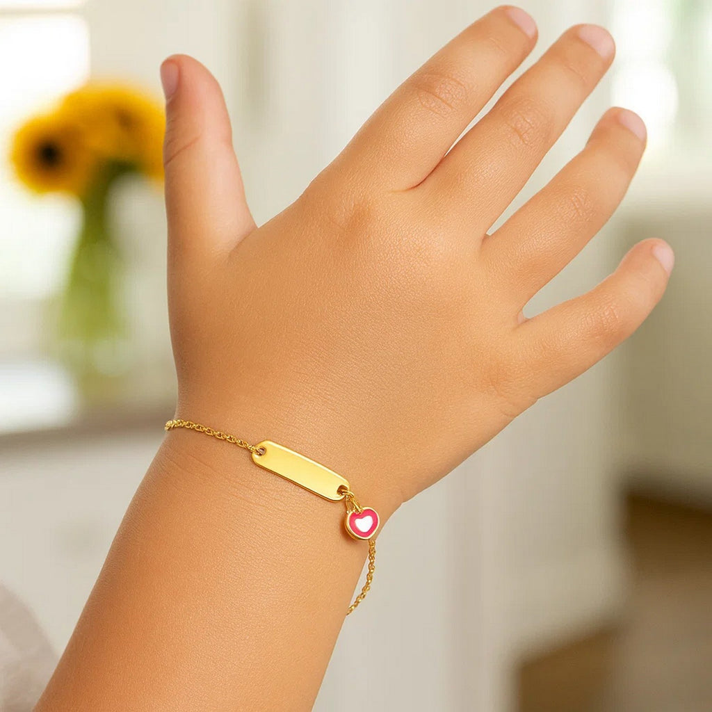 14k Yellow Gold 5 1/2 inch Childrens ID Bracelet with Enameled Heart (1.00 mm) — view 4