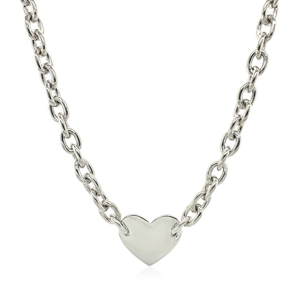 Sterling Silver Rhodium Plated Chain Bracelet with a Flat Heart Motif Station — view 2