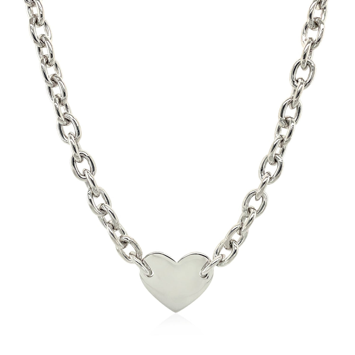 Sterling Silver Rhodium Plated Chain Bracelet with a Flat Heart Motif Station — view 2