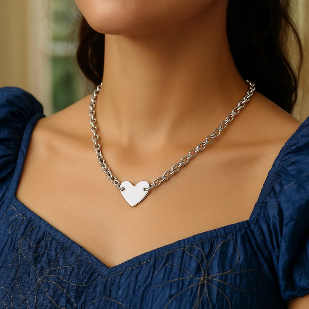 Sterling Silver Rhodium Plated Chain Bracelet with a Flat Heart Motif Station — view 5
