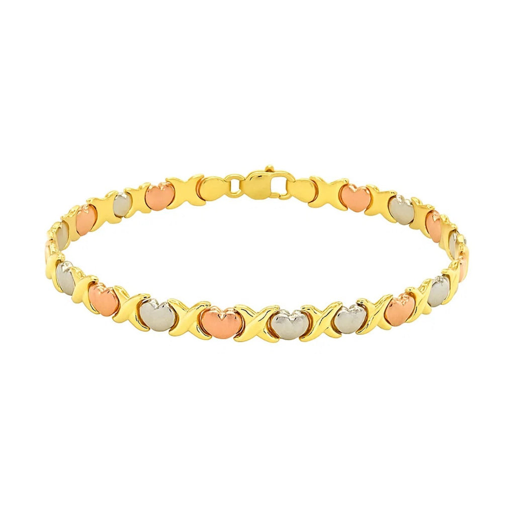 14k Tri-Color Gold Fancy Satin Heart Line Bracelet (6.35 mm) — view 2