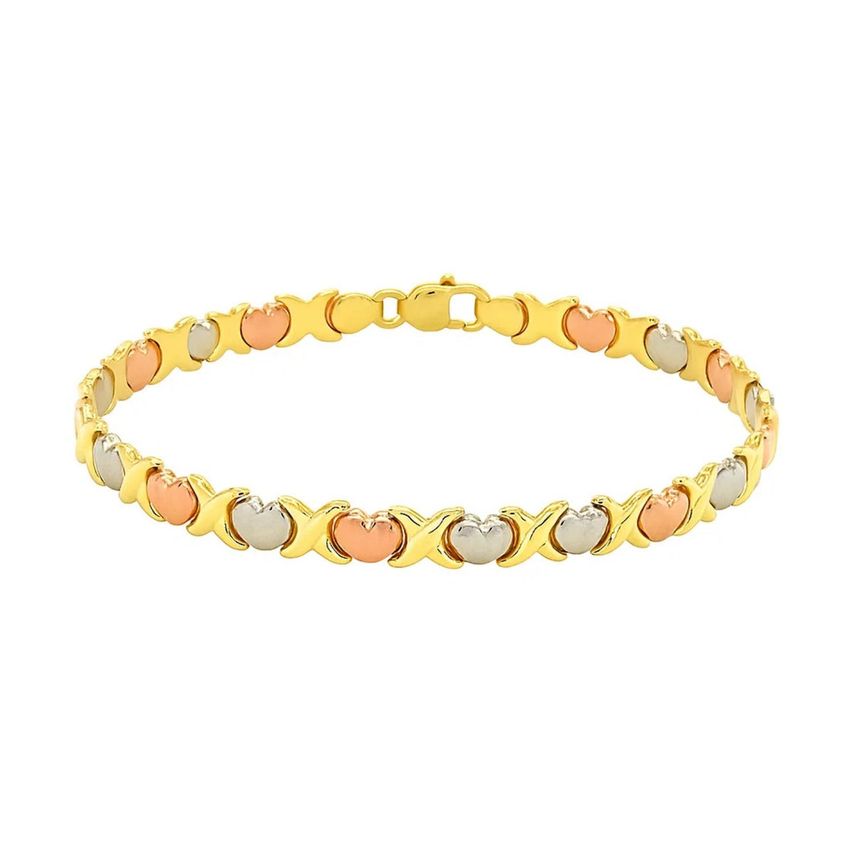 14k Tri-Color Gold Fancy Satin Heart Line Bracelet (6.35 mm) — view 2