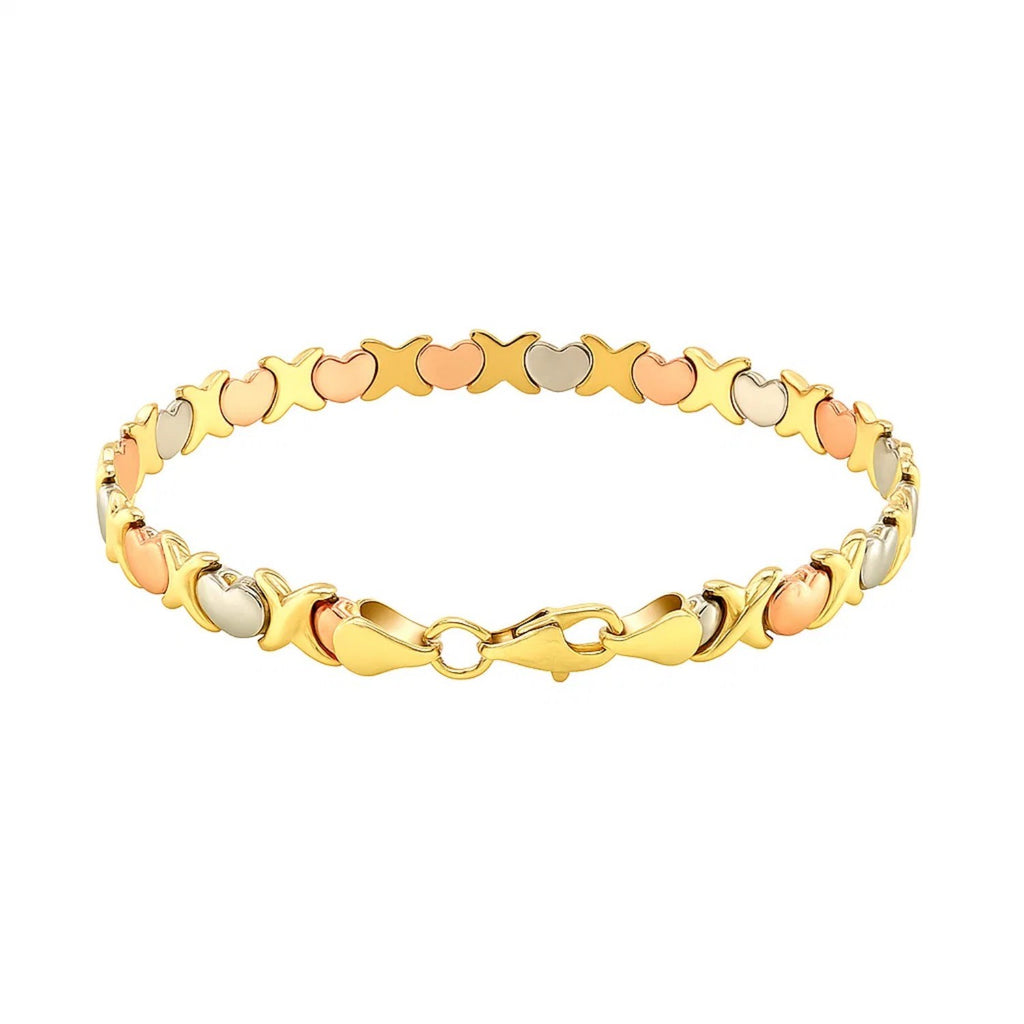 14k Tri-Color Gold Fancy Satin Heart Line Bracelet (6.35 mm) — view 3