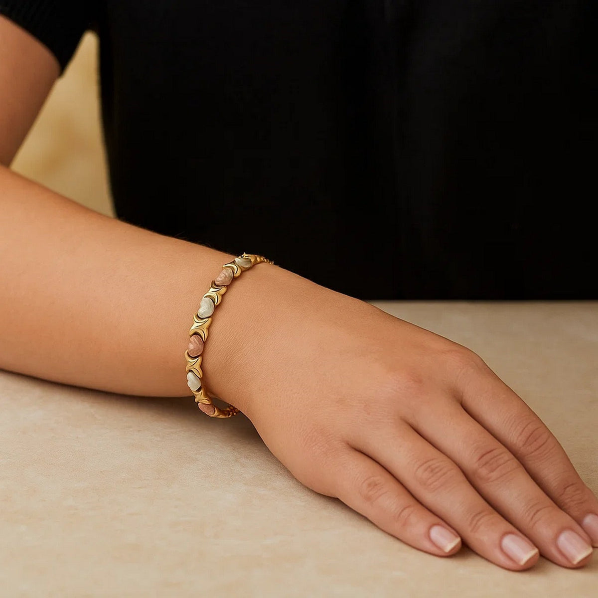 14k Tri-Color Gold Fancy Satin Heart Line Bracelet (6.35 mm) — view 4