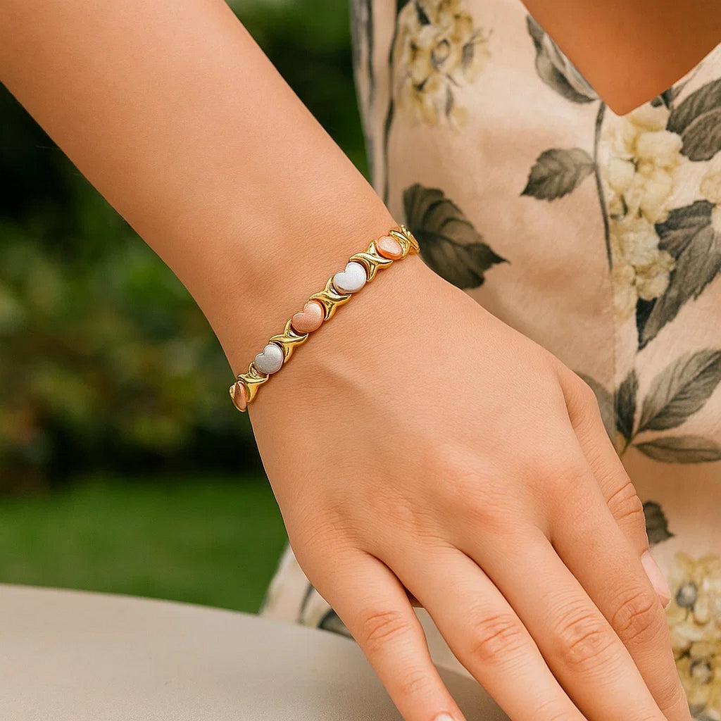 14k Tri-Color Gold Fancy Satin Heart Line Bracelet (6.35 mm) — view 5