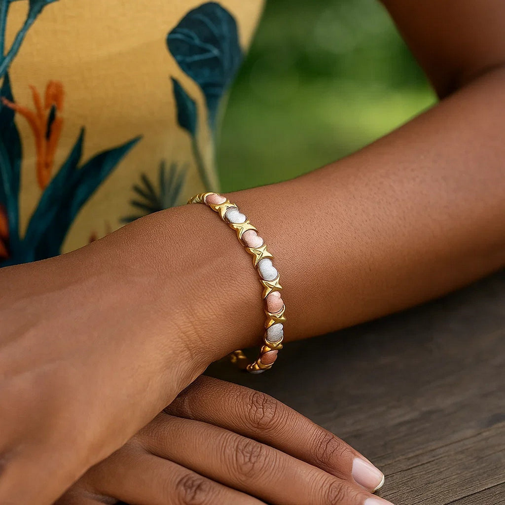 14k Tri-Color Gold Fancy Satin Heart Line Bracelet (6.35 mm) — view 6