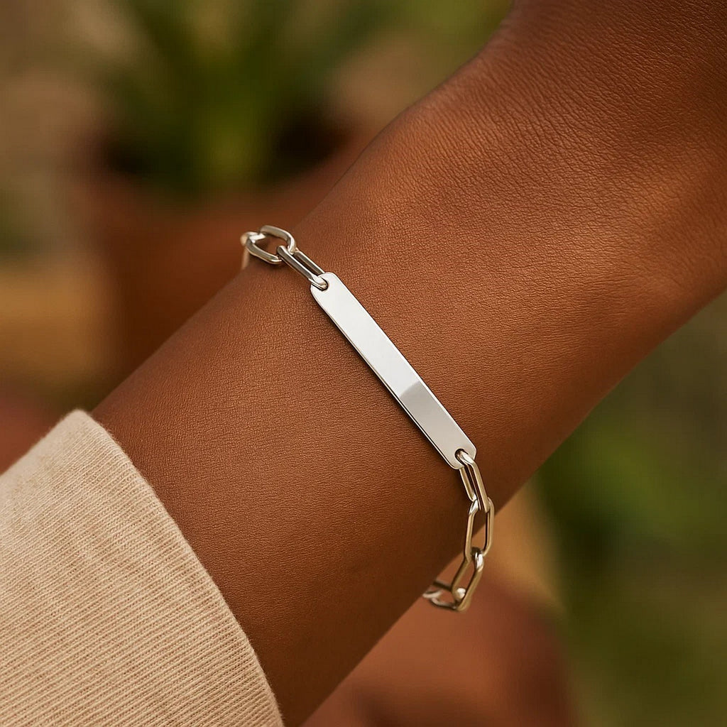 Sterling Silver Rhodium Plated Engravable ID Bar Paperclip Bracelet (2.10 mm) — view 5