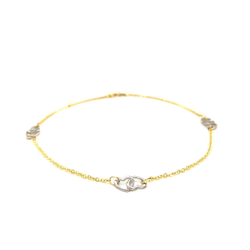 14k Two Tone Gold Entwined Heart Stationed Anklet — view 2