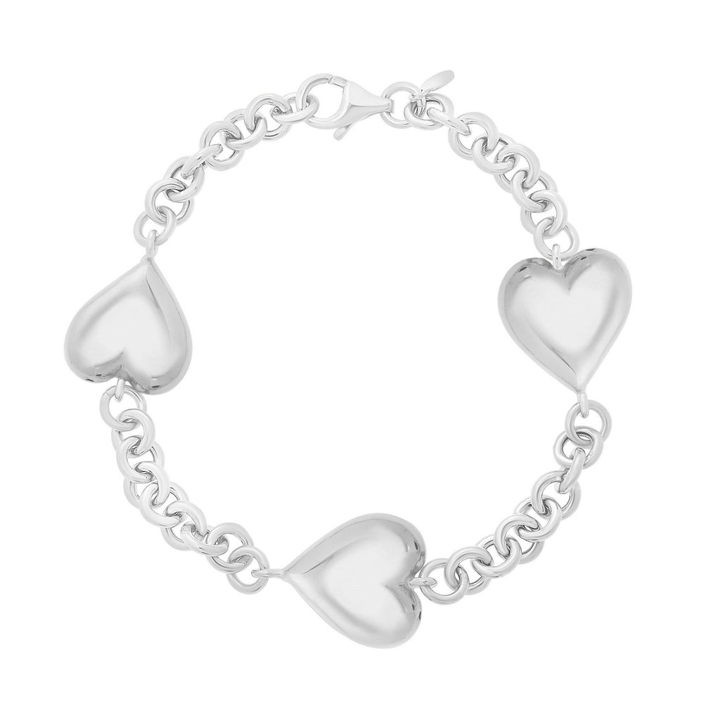 Sterling Silver Rhodium Plated Puffed Triple Heart Bracelet — view 2