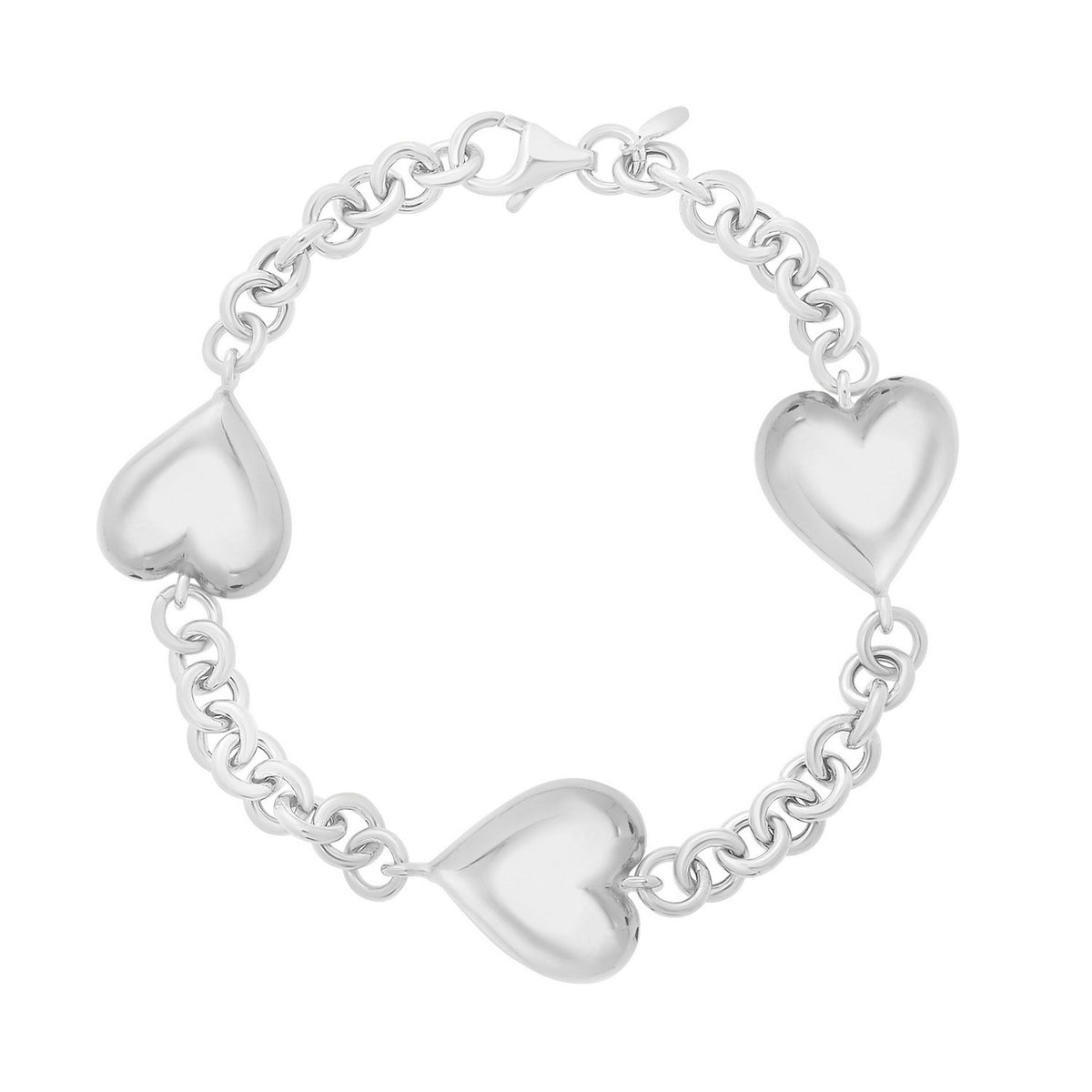 Sterling Silver Rhodium Plated Puffed Triple Heart Bracelet — view 2