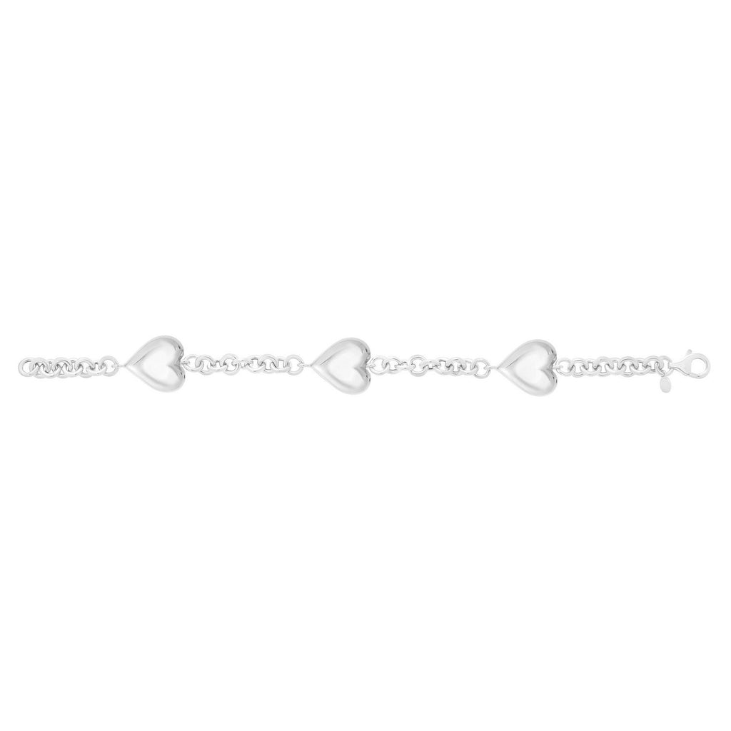 Sterling Silver Rhodium Plated Puffed Triple Heart Bracelet — view 3