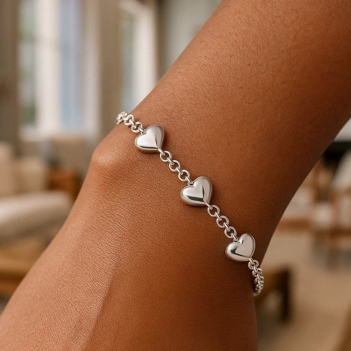 Sterling Silver Rhodium Plated Puffed Triple Heart Bracelet — view 4