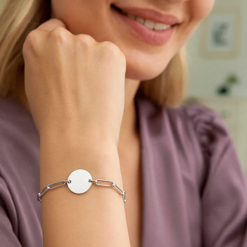 Sterling Silver Rhodium Plated Engravable Circle Paperclip Bracelet (2.10 mm) — view 4