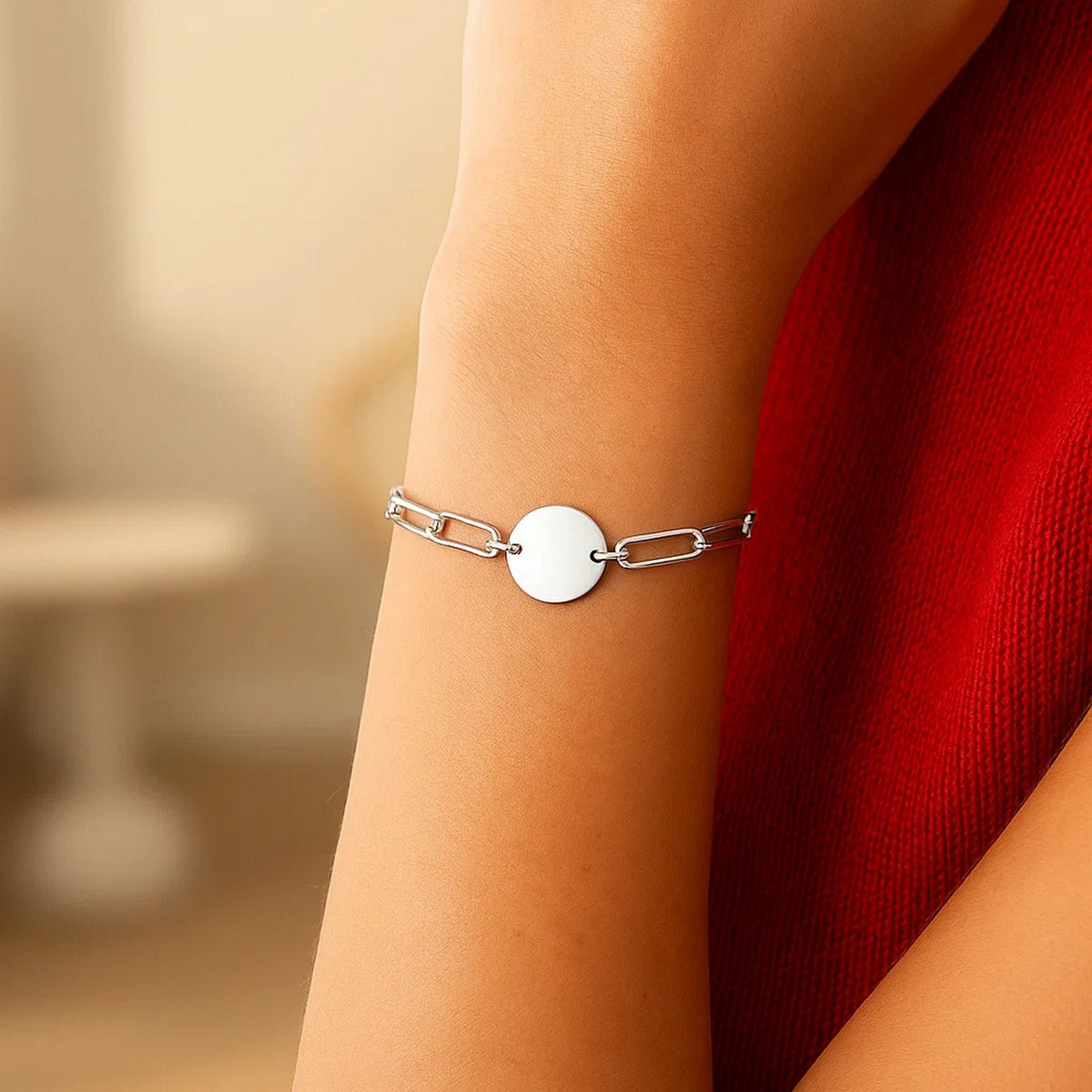 Sterling Silver Rhodium Plated Engravable Circle Paperclip Bracelet (2.10 mm) — view 5