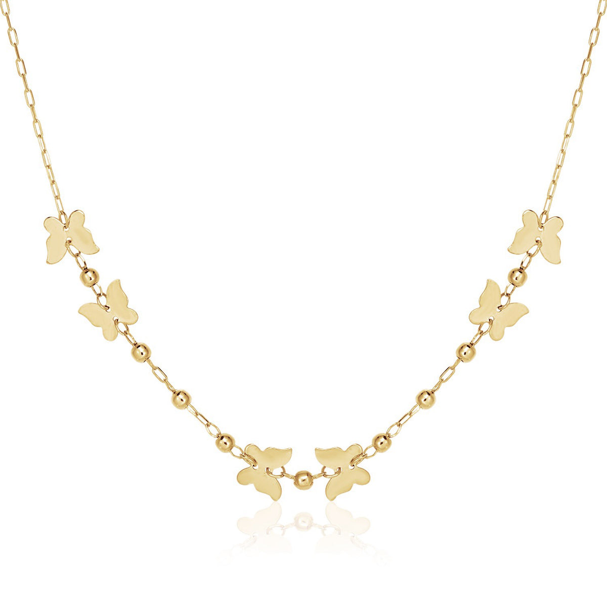 14k Yellow Gold 18 inch Necklace with Polished Butterflies and Beads