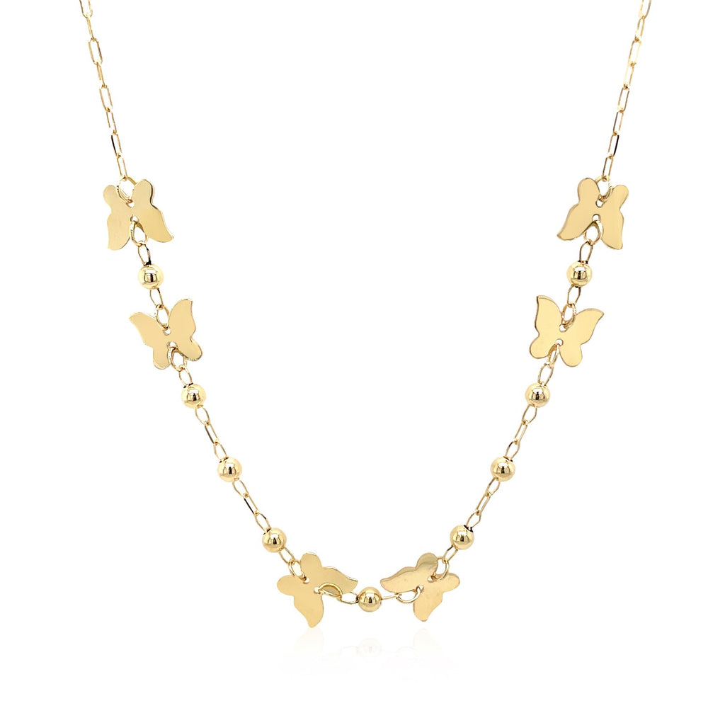 14k Yellow Gold 18 inch Necklace with Polished Butterflies and Beads — view 2