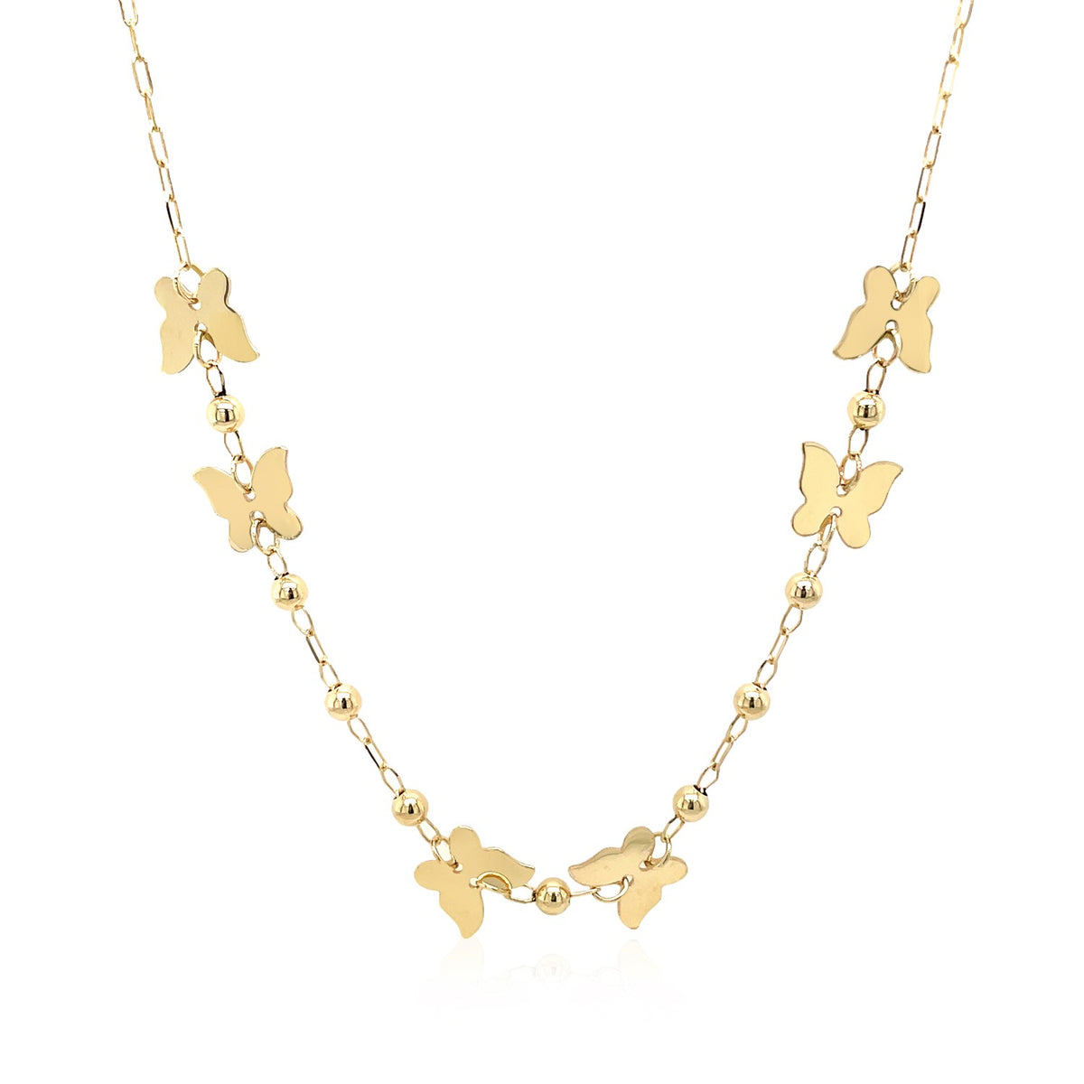 14k Yellow Gold 18 inch Necklace with Polished Butterflies and Beads — view 2