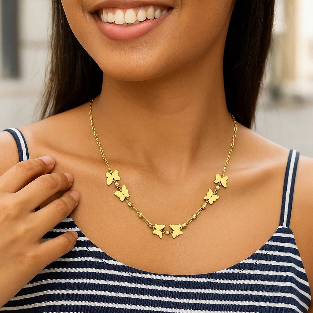 14k Yellow Gold 18 inch Necklace with Polished Butterflies and Beads — view 5