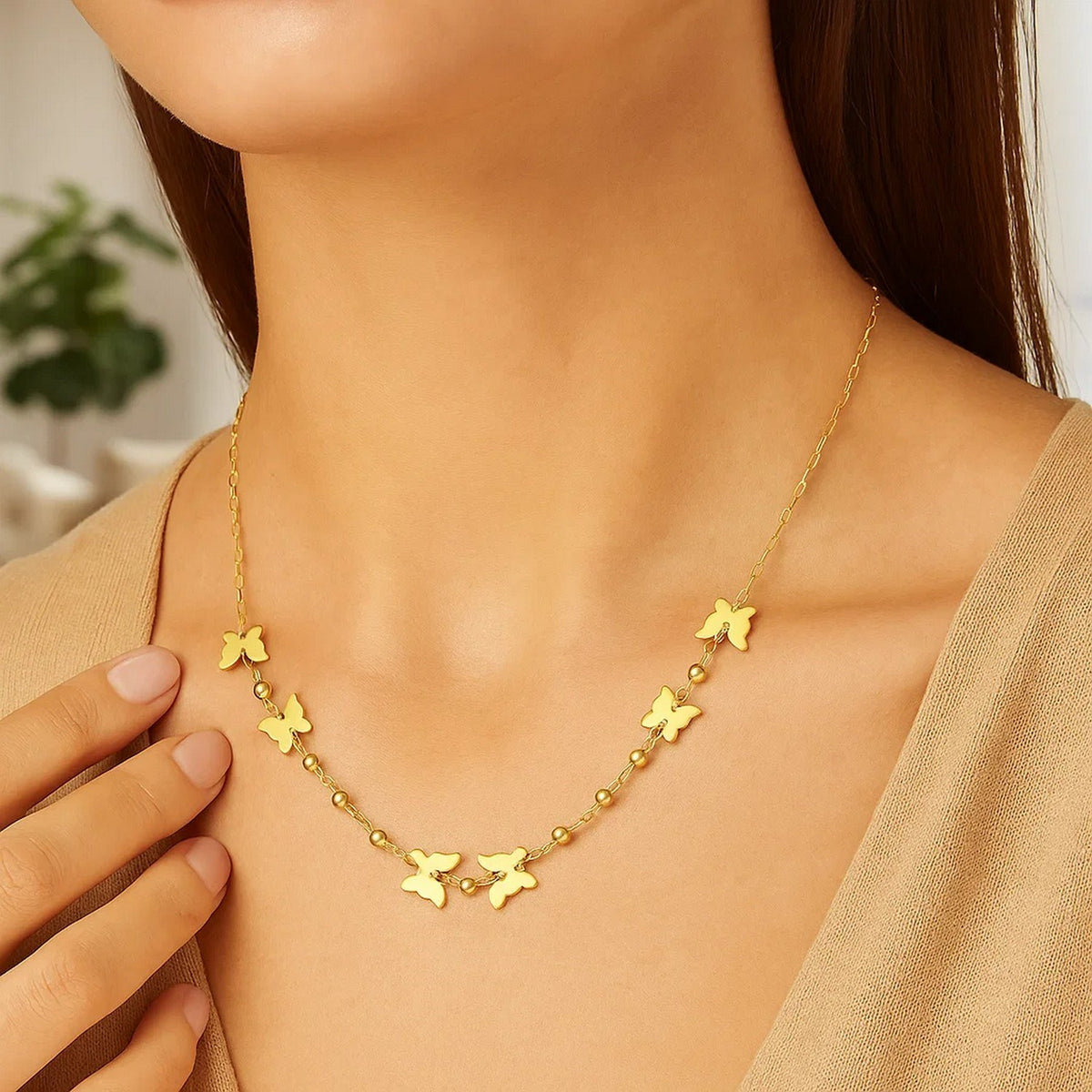 14k Yellow Gold 18 inch Necklace with Polished Butterflies and Beads — view 6