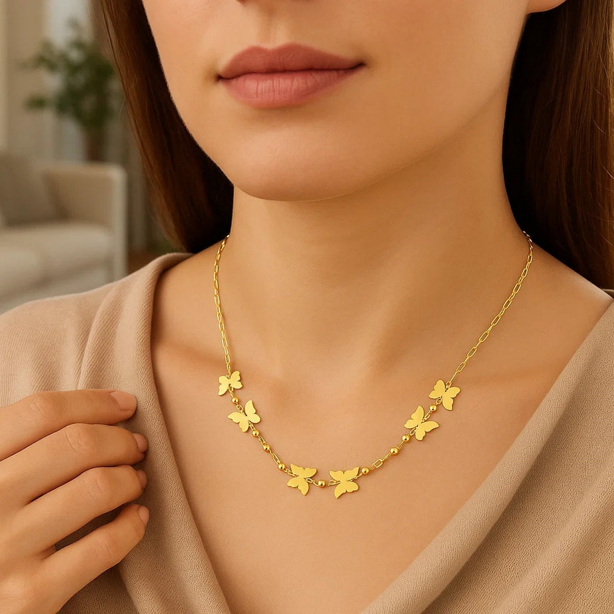 14k Yellow Gold 18 inch Necklace with Polished Butterflies and Beads — view 7