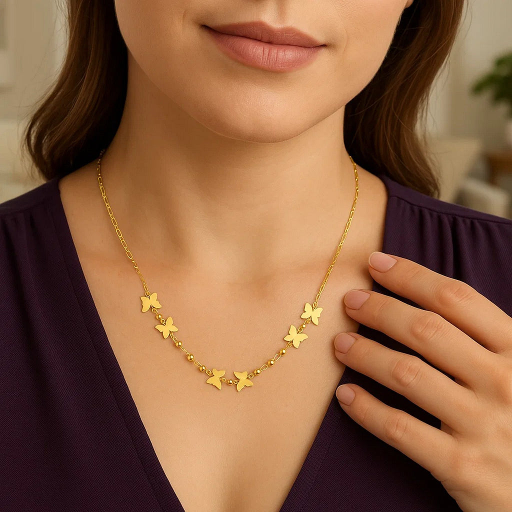 14k Yellow Gold 18 inch Necklace with Polished Butterflies and Beads — view 8