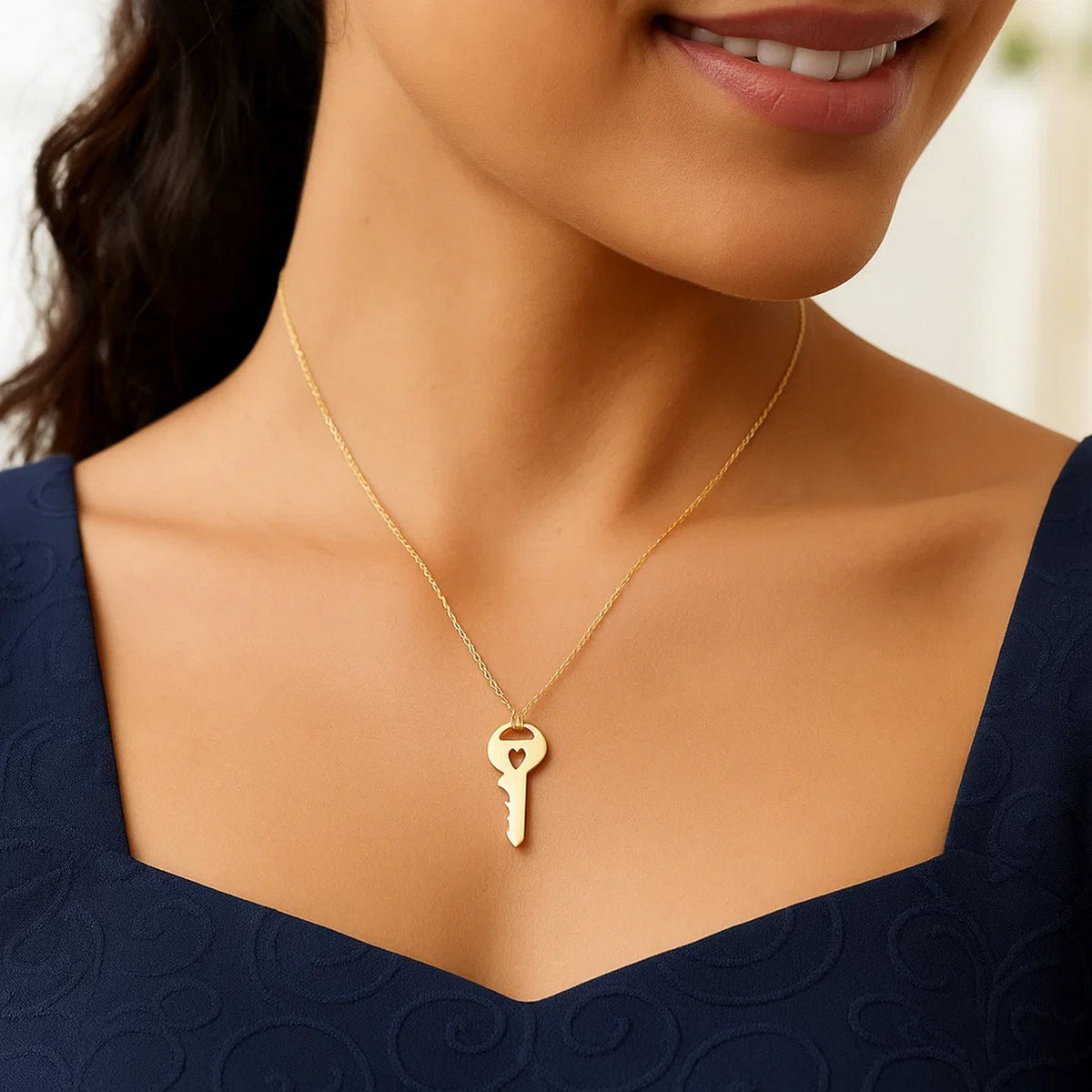 14K Yellow Gold Triple Heart Key Necklace — view 3