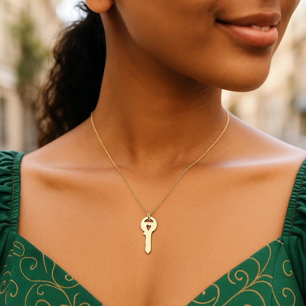 14K Yellow Gold Triple Heart Key Necklace — view 4