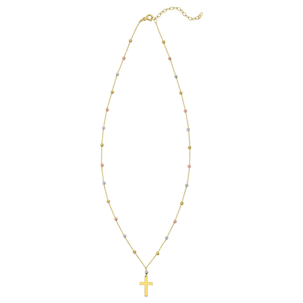 14K Tri Color Gold Beaded Cross Necklace — view 2