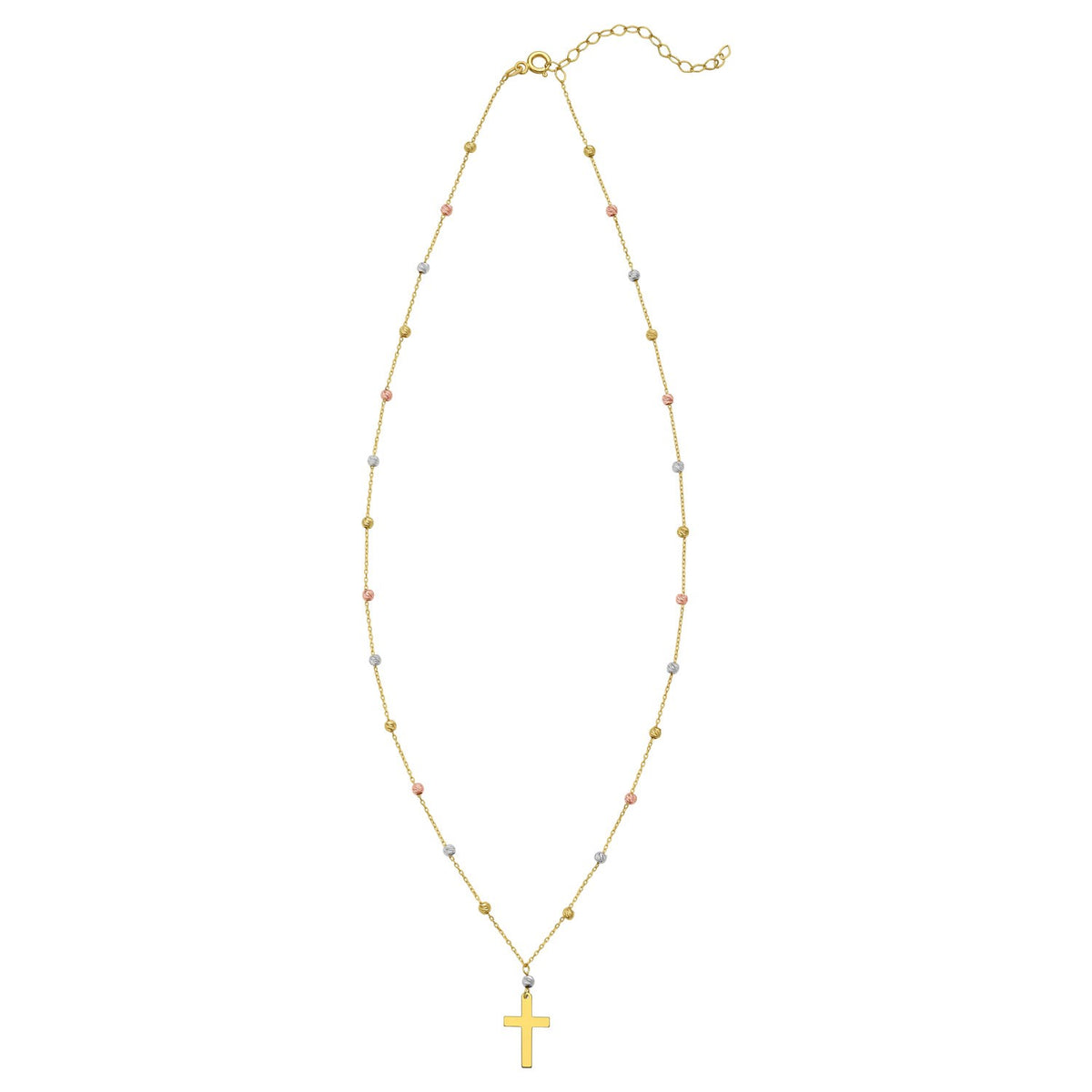 14K Tri Color Gold Beaded Cross Necklace — view 2