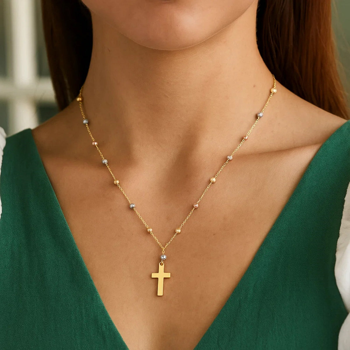 14K Tri Color Gold Beaded Cross Necklace — view 3