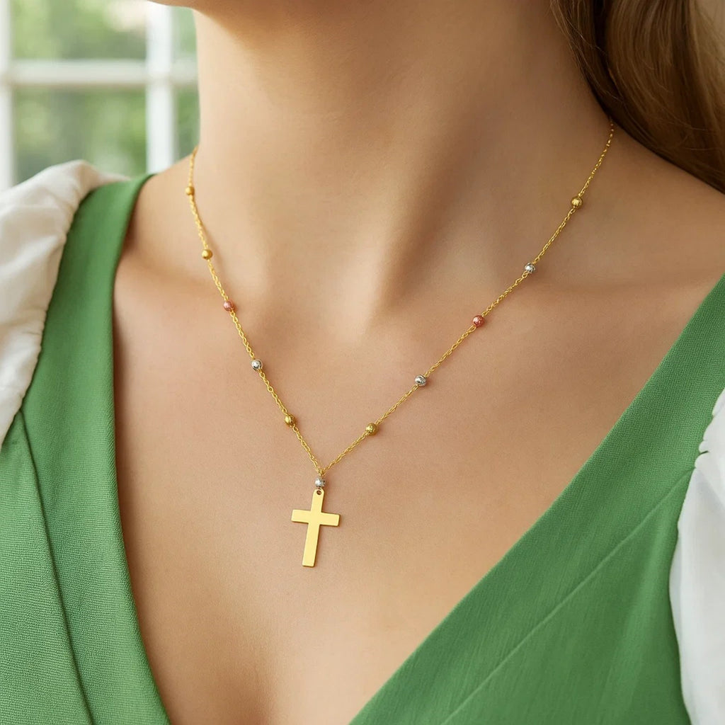 14K Tri Color Gold Beaded Cross Necklace — view 4