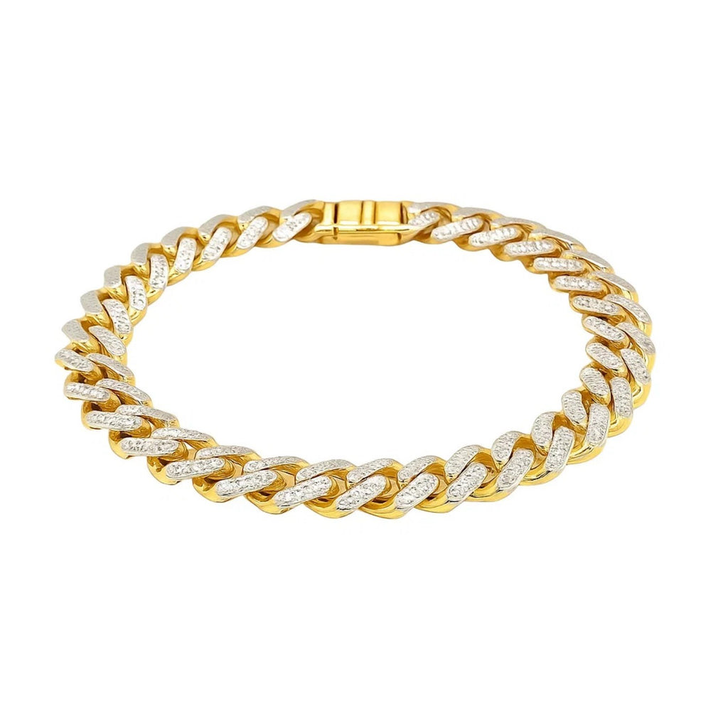 14k Two Tone Gold 8 1/4 inch Curb Chain Bracelet with White Pave (9.50 mm) — view 3