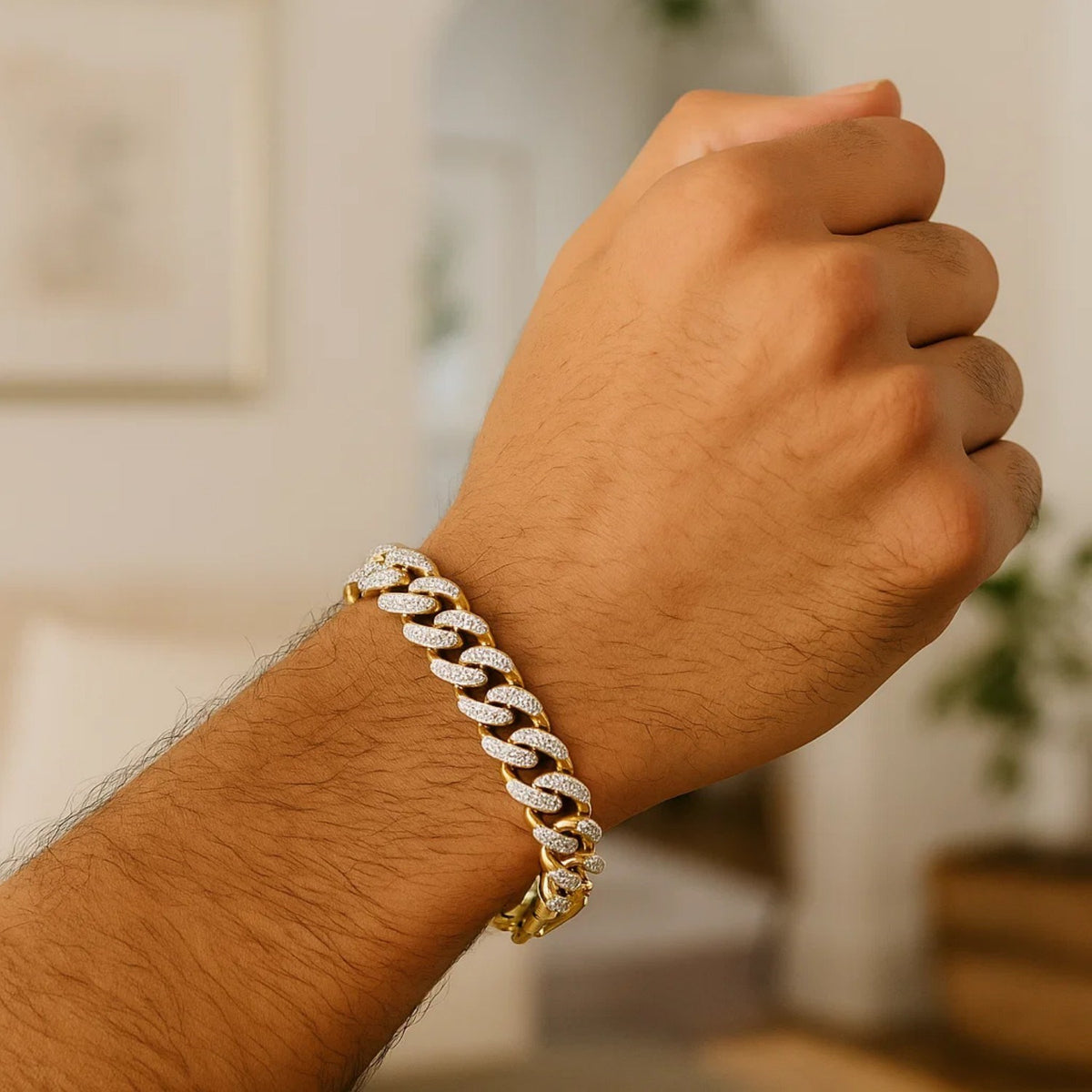 14k Two Tone Gold 8 1/4 inch Curb Chain Bracelet with White Pave (9.50 mm) — view 4