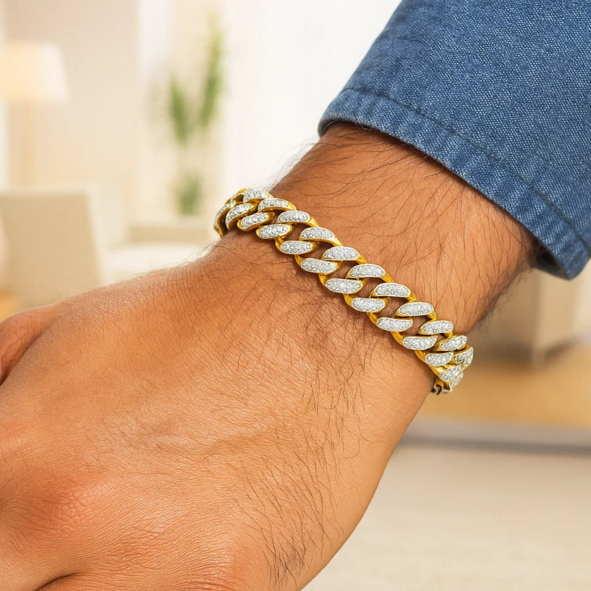 14k Two Tone Gold 8 1/4 inch Curb Chain Bracelet with White Pave (9.50 mm) — view 5