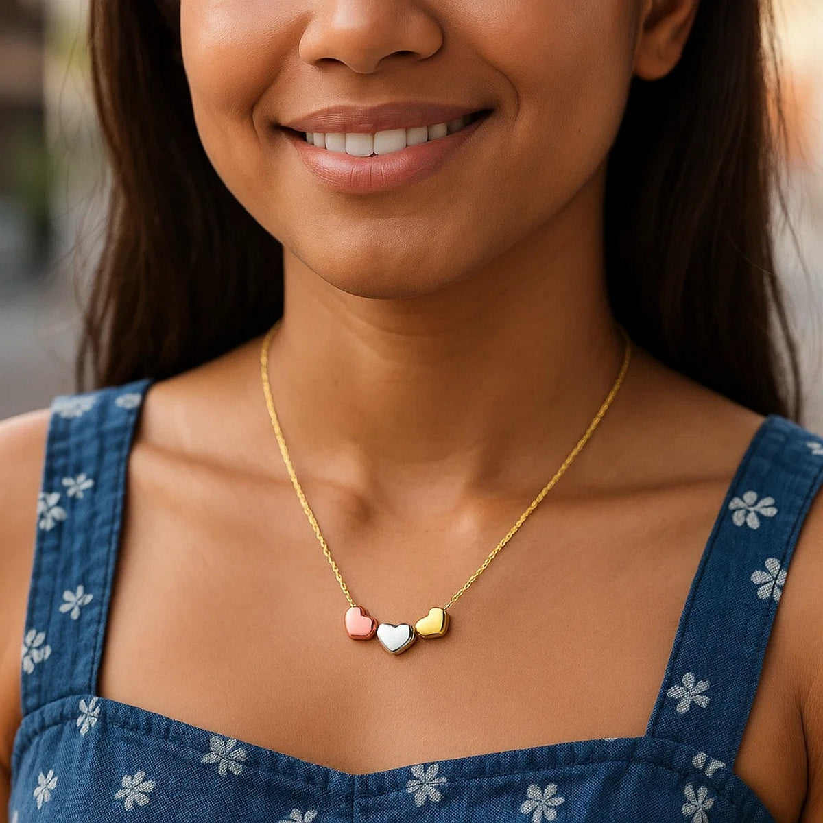 14K Tri Color Gold Triple Heart Necklace — view 5