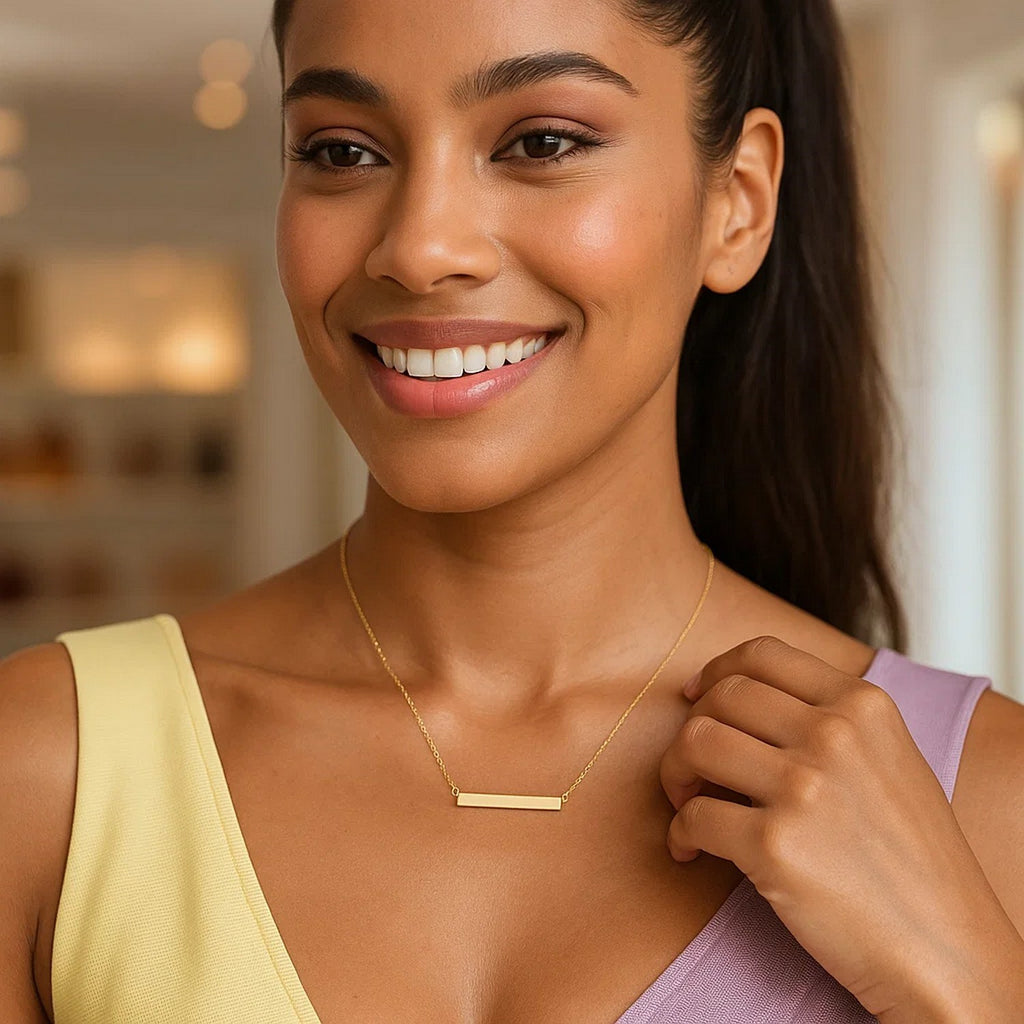 14k Yellow Gold Chain Necklace with a Shiny Flat Bar — view 4