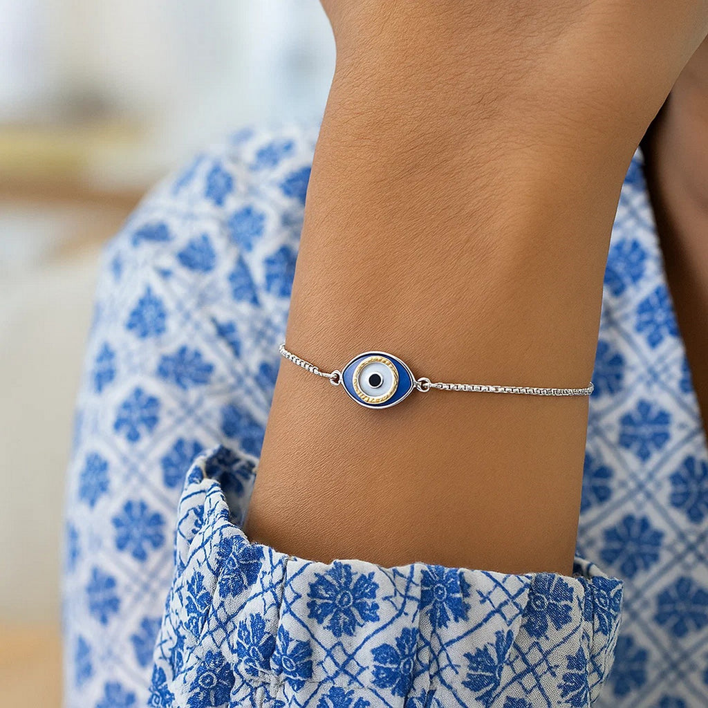 Sterling Silver Adjustable Two Toned Enameled Evil Eye Friendship Bracelet — view 4