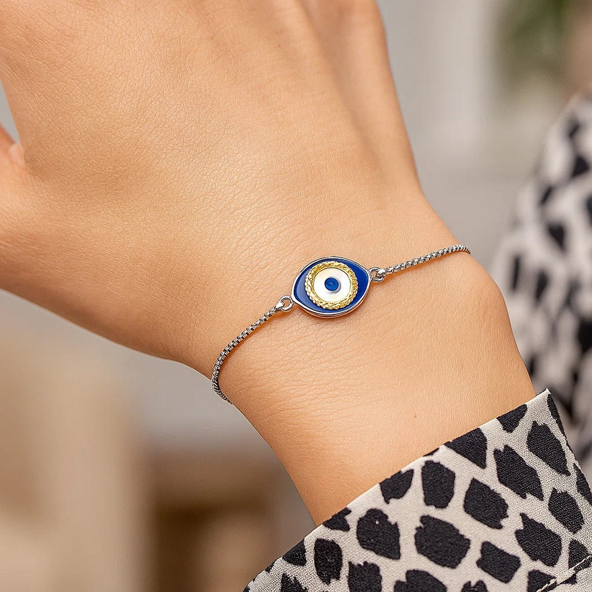 Sterling Silver Adjustable Two Toned Enameled Evil Eye Friendship Bracelet — view 5