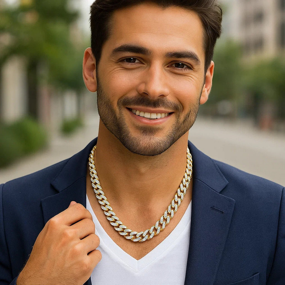 14k Two Tone Gold Miami Cuban Chain Necklace with White Pave — view 4