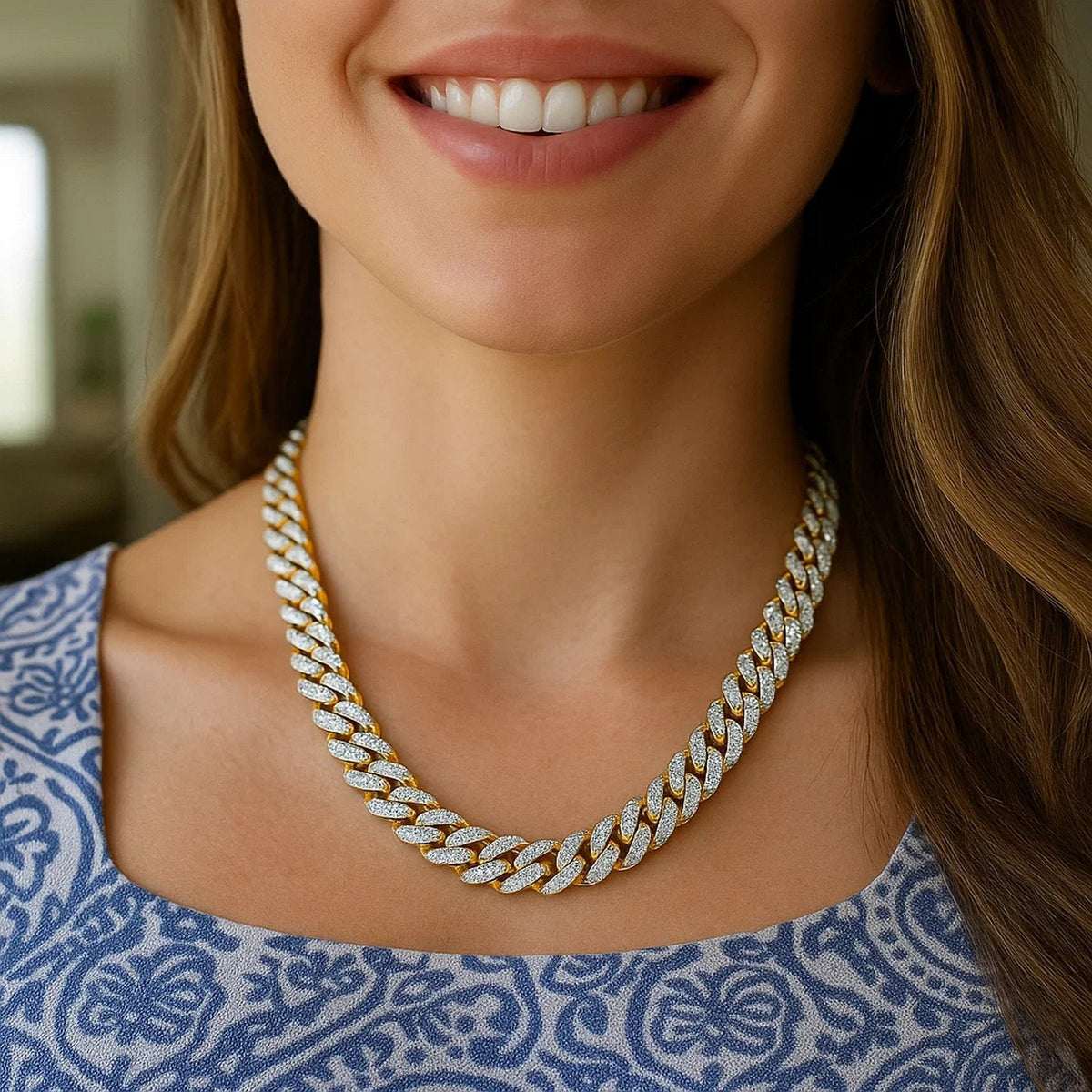14k Two Tone Gold Miami Cuban Chain Necklace with White Pave — view 5