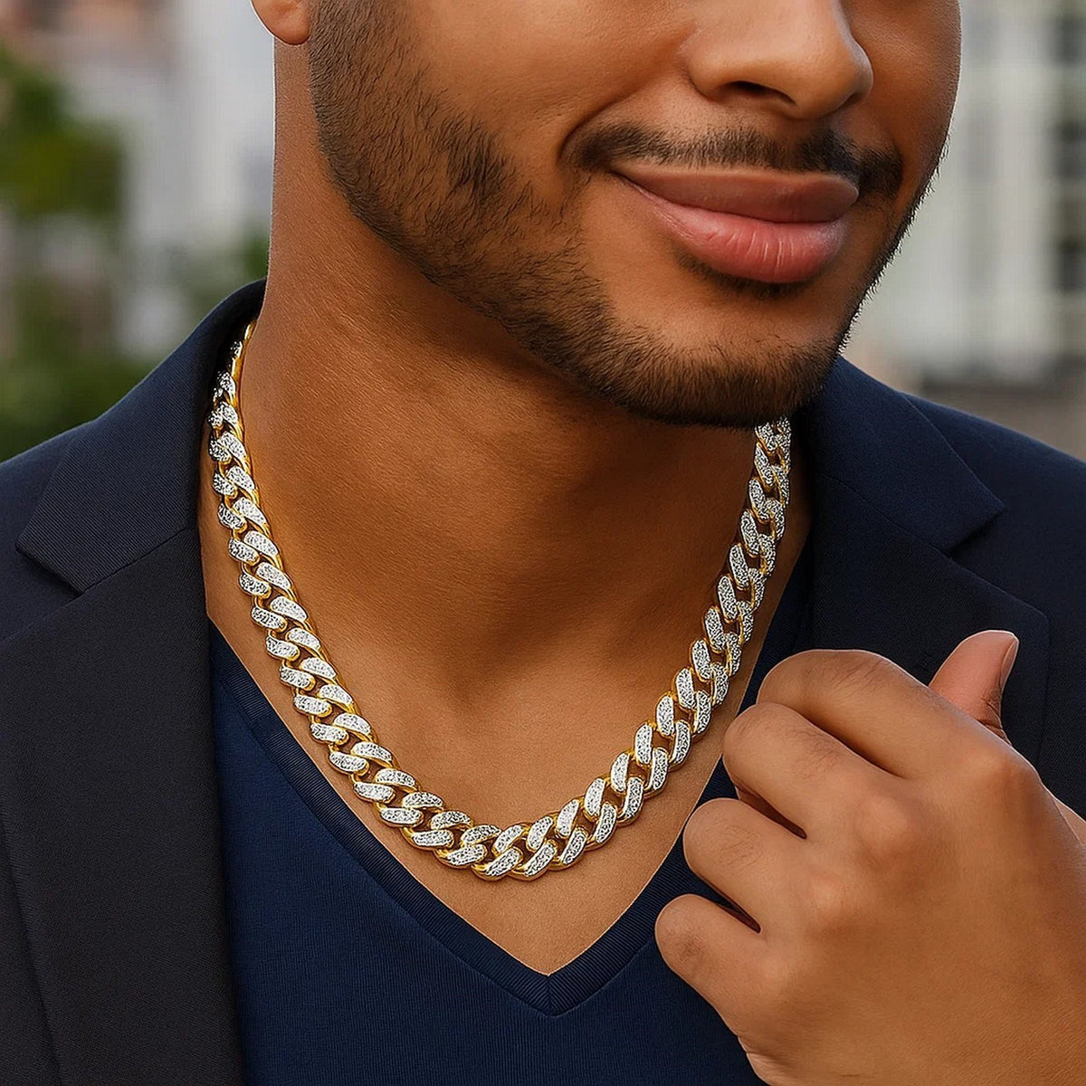 14k Two Tone Gold Miami Cuban Chain Necklace with White Pave — view 6