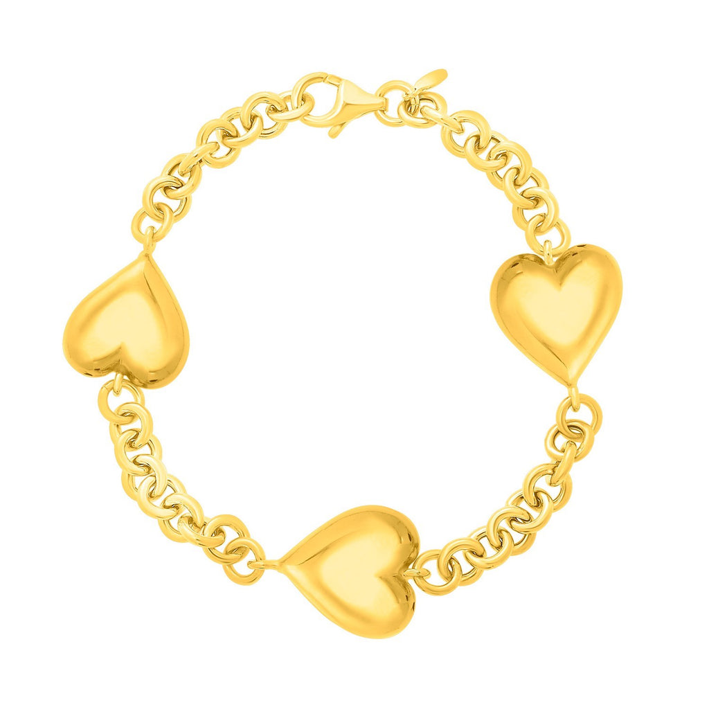Sterling Silver Yellow Gold Plated Extra Puffed Triple Heart Bracelet — view 2