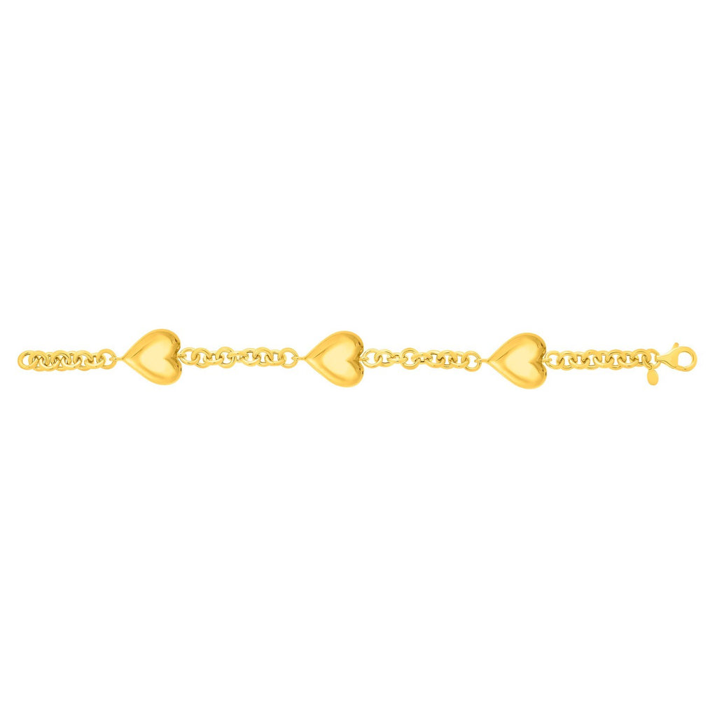 Sterling Silver Yellow Gold Plated Extra Puffed Triple Heart Bracelet — view 3