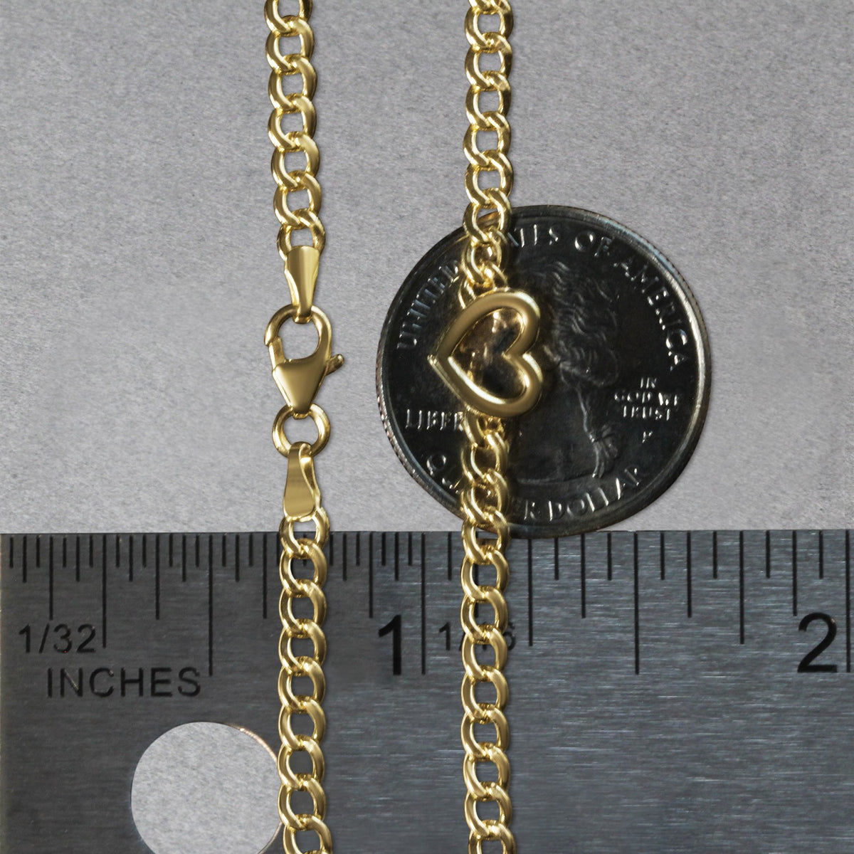 14k Yellow Gold 7 inch Curb Chain Bracelet with Heart (3.40 mm) — view 8