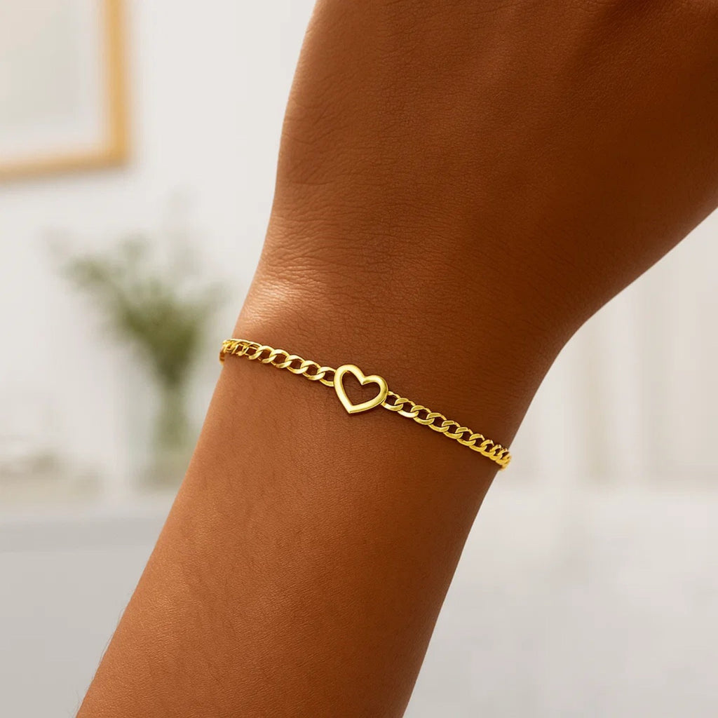 14k Yellow Gold 7 inch Curb Chain Bracelet with Heart (3.40 mm) — view 9